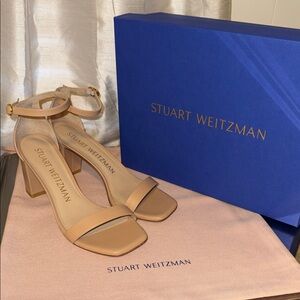 Stuart Weitzman Nudistcurve 75MM Leather Block Heel Sandals